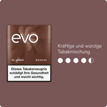 EVO Geschmacksintensität Bronze, 4,5/5. Geschmacksintensität beschreibt, wie stark die Tabaksorte wahrgenommen werden kann.