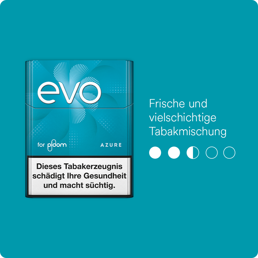 EVO Geschmacksintensität Azure 2,5/5. Geschmacksintensität beschreibt, wie stark die Tabaksorte wahrgenommen werden kann. 