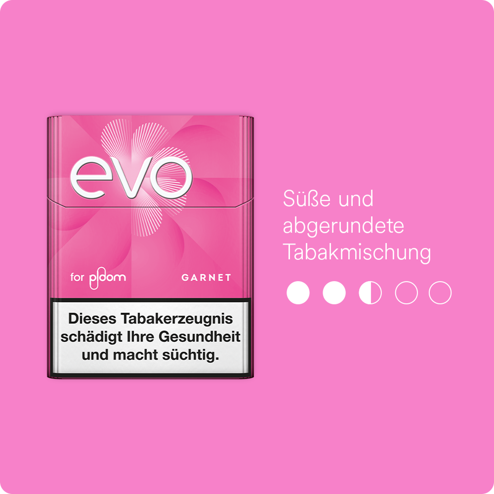 EVO Geschmacksintensität Garnet 2,5/5. Geschmacksintensität beschreibt, wie stark die Tabaksorte wahrgenommen werden kann. 